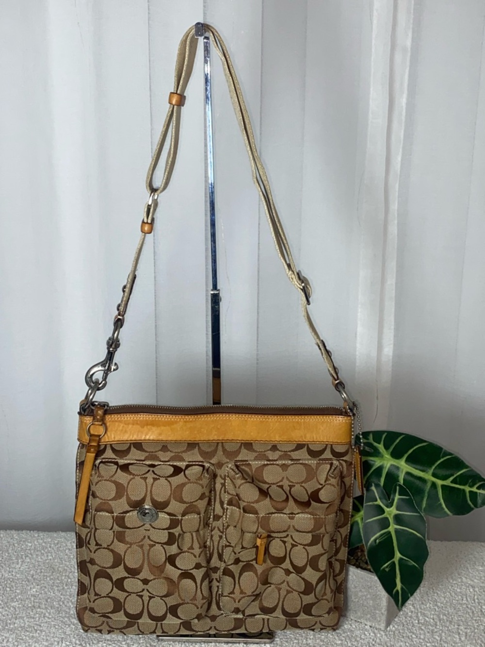GUC Coach Brown Signature File Crossbody Bag with Orange Trim